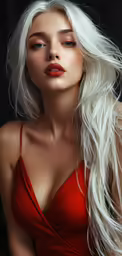 a woman with long white hair and red dress