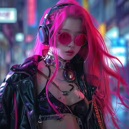a woman wearing headphones and jacket and with pink hair,woman in headphones and bra posing for the camera