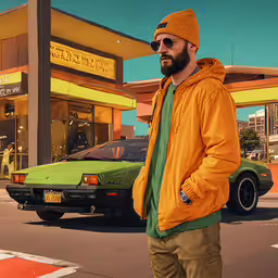a man in sunglasses and a hat standing in front of a car,a person wearing a yellow jacket, hat and sunglasses