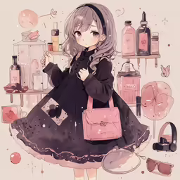 girl in the corner with a pink purse and some perfume bottles