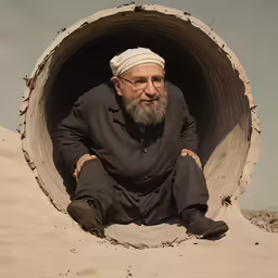 the man is sitting in the large concrete pipe
