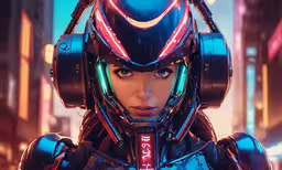 a futuristic woman with headphones and a neon light,a woman wearing a helmet and a neon dress in a sci city at night
