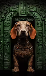 a dog is sitting in the doorway, with a leather collar