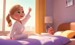 a young girl is sitting on her bed looking out the window
