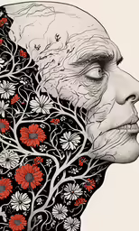 an artwork piece of the face of a person with flowers on them