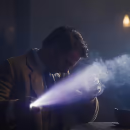 the young man is smoking and making a light show