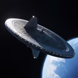 a space ship in the air with a sky background