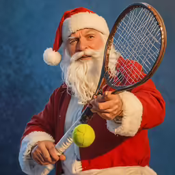a santa claus holding up a tennis racket and ball