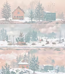 two snowy pictures of a couple of buildings,two illustrations of an outdoor scene with houses and trees