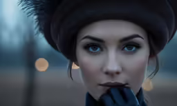 a beautiful woman with bright blue eyes has her hand on the nose
