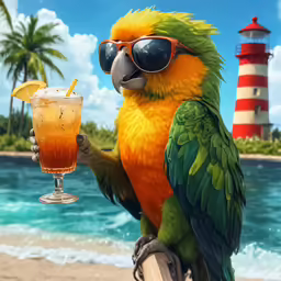 a very cute parrot sitting by some water with a drink