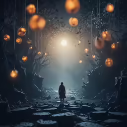 a person standing on top of a field next to some lights