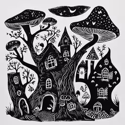 a drawing of many different houses in trees,a drawing of a castle surrounded by trees and mushrooms