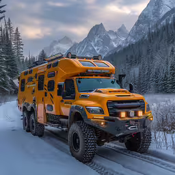 an orange vehicle traveling through the woods on a snowy road,a yellow four - wheeled vehicle on a snowy road in the mountains