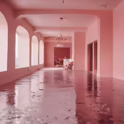 a empty hallway with a pink color scheme and an arch shaped light fixture
