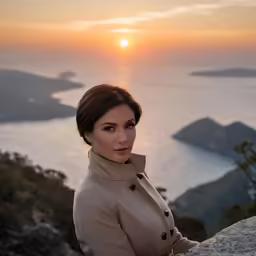 an attractive young woman leaning on a wall in front of a sunset