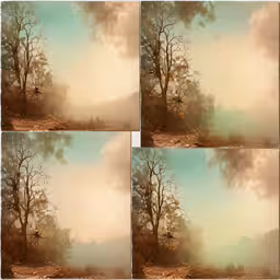 four photographs with four different trees in the background,four different photos of trees are shown on a blue and beige backdrop