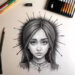 a drawing on paper of a young girl with large eyes and a crown on top