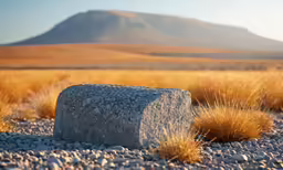 large rock in gravel with grassy area in background