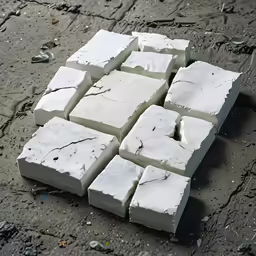 several white squares of marble sit together on the sand