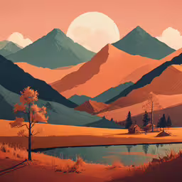 the mountains are behind a pond on a sunny day,a landscape with mountains, trees, a lake, and a barn