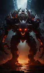 an illustration of a demonic, humanoid creature that appears to be riding a heavy vehicle