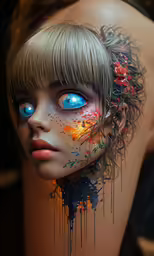 a painting of a woman with blue eyes and hair has splattered on it