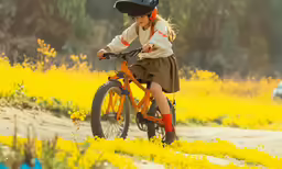 a young girl is riding her bicycle on a path
