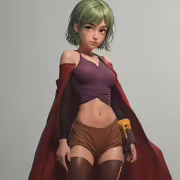 a woman in a cape and shorts poses with a tool