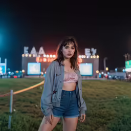 a young woman stands at night outside in a short denim cut - out shorts