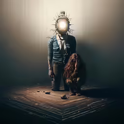 man and dog with light up head in corner