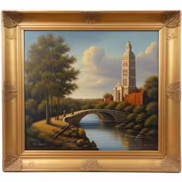 a painting that has a bridge over a river in it,a painting on a wall next to a road and a bridge