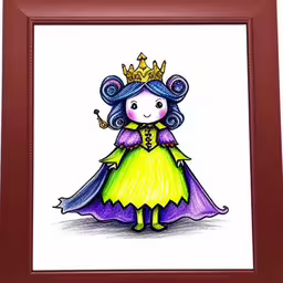 a drawing of a little girl in a dress,a painting of a little girl with a crown