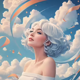 a very pretty lady with white hair flying through the sky