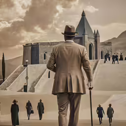 a man in suit and hat walking down a sidewalk