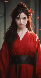 a model in a red outfit with flowers in her hair