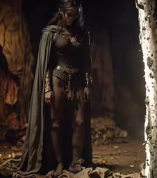 a woman dressed in ancient greek garb with long cape
