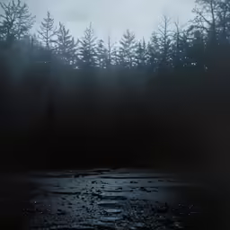 the trees are silhouetted against a gray sky