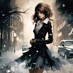 a digital painting of a woman in a dress,a drawing of a young woman standing on the side of a road