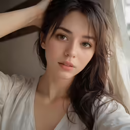 an attractive young lady wearing a white shirt leaning on a window
