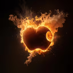 a heart in fire and smoke with a black background