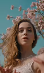 young woman in lace top among blossom trees