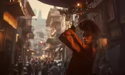 a child is talking on the phone in a crowded city