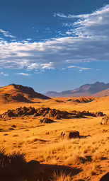 an open field with rocks in the distance and mountains in the background