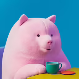 a pink pig is sitting next to a cup
