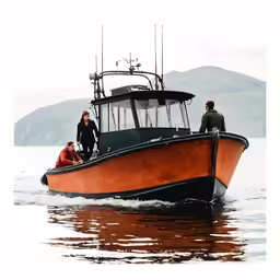 the people are standing on top of the boat in the water