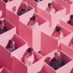 the people are sitting in the pink plastic maze