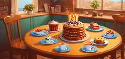 a table that has some cake and cups on it,an animated image of pancakes, coffee, and tea on the table