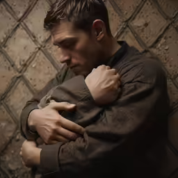 there is a male in a brown jacket holding his arm over his shoulder
