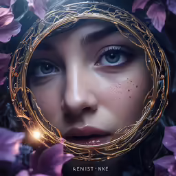 a woman with freckles and freckles on her face with a golden frame and flowers around
